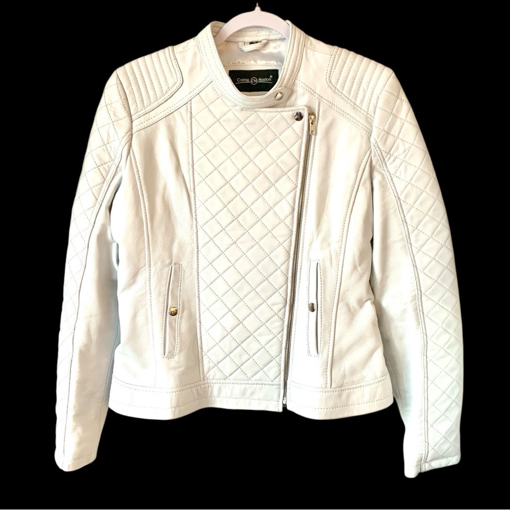 Real Leather Women’s White Biker Jacket Size 16